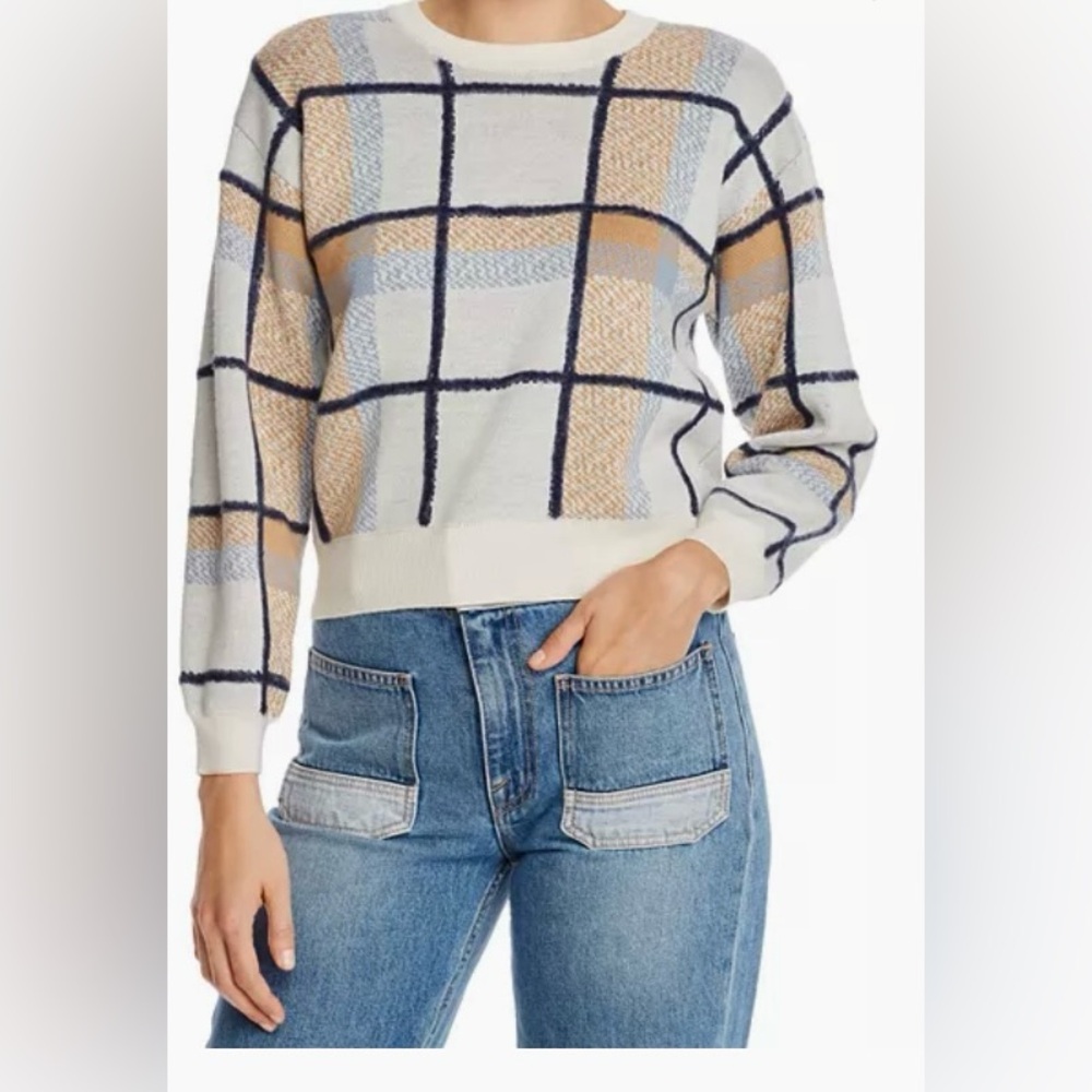 NWT Adorable JOIE Wool/Acrylic Cropped Windowpane Plaid Sweater L Blue/Tan/Ivory
